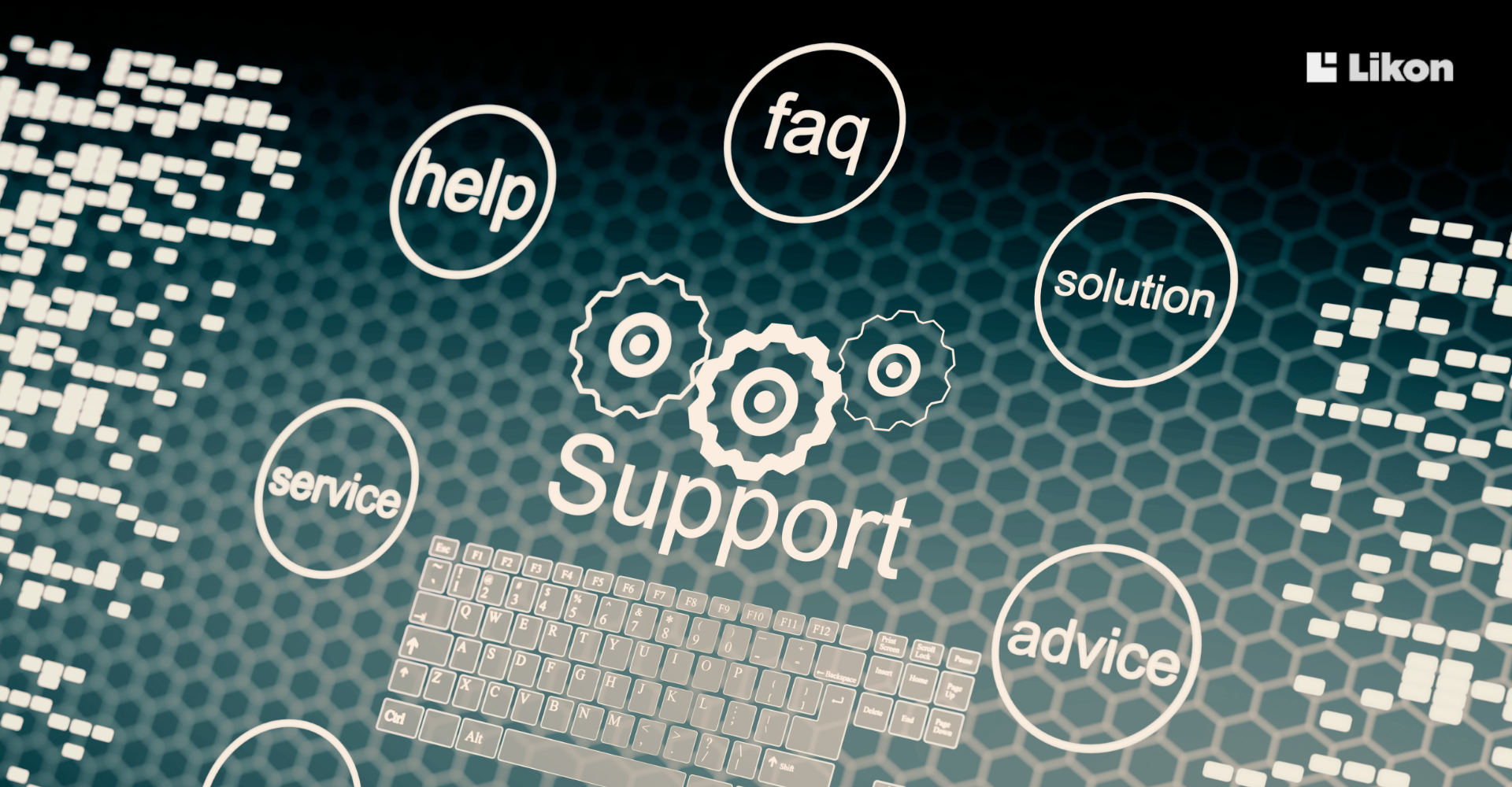 Grafika z napisem ‘Support’ oraz ikonami pomocy, serwisu i rozwiązań, symbolizująca wsparcie techniczne i obsługę systemów w firmie.