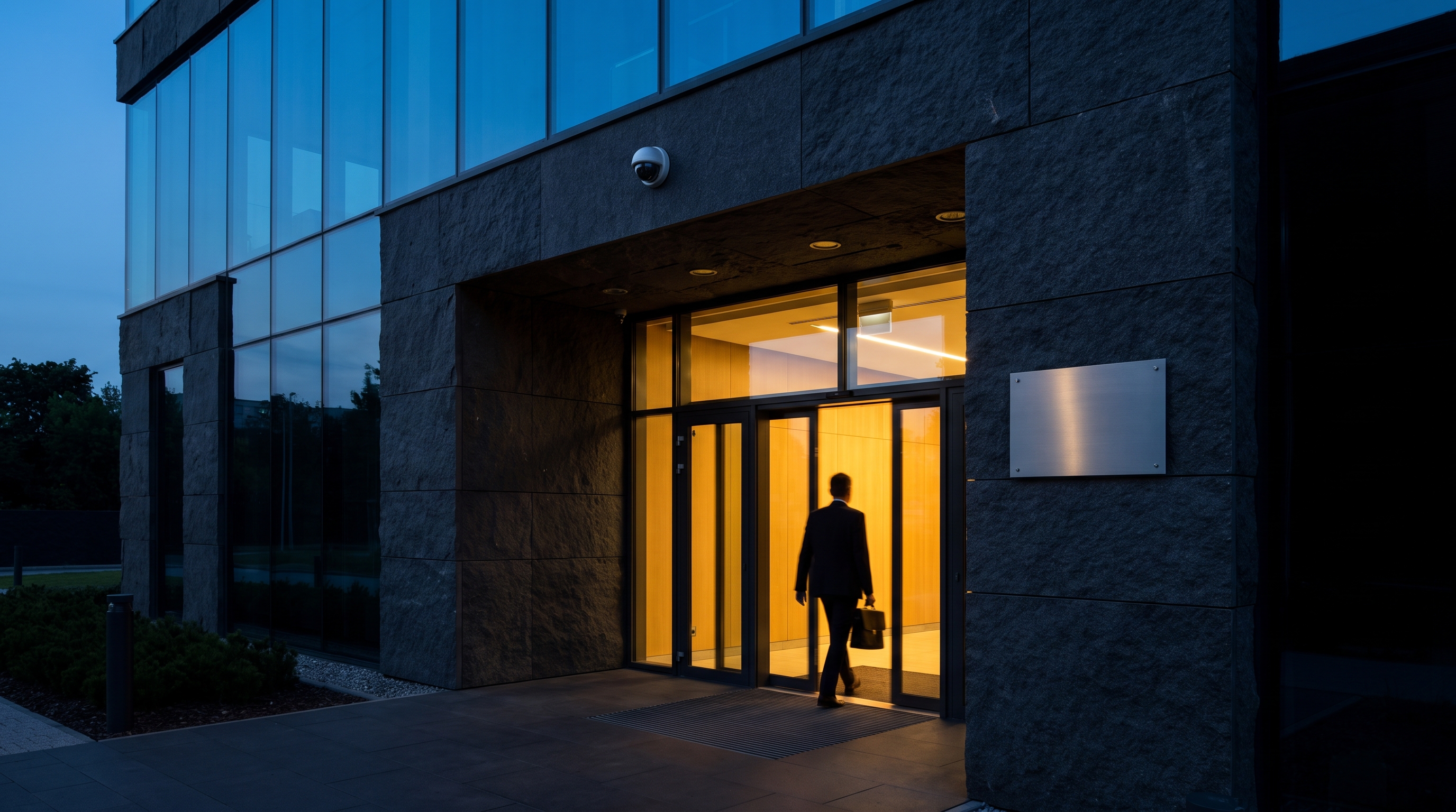 Wejście do nowoczesnego biura w stylu warszawskiego centrum biznesowego. Przy szklanych drzwiach panel kontroli dostępu Jung, nad wejściem kamera. Przez okno widać wieczorną panoramę Warszawy z wieżą Varso.