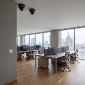 Nowoczesne biuro w Warszawie z kamerami monitoringu zamontowanymi na suficie. W tle panorama miasta z wieżowcem Varso Tower, widoczna przez okna na całej wysokości pomieszczenia.