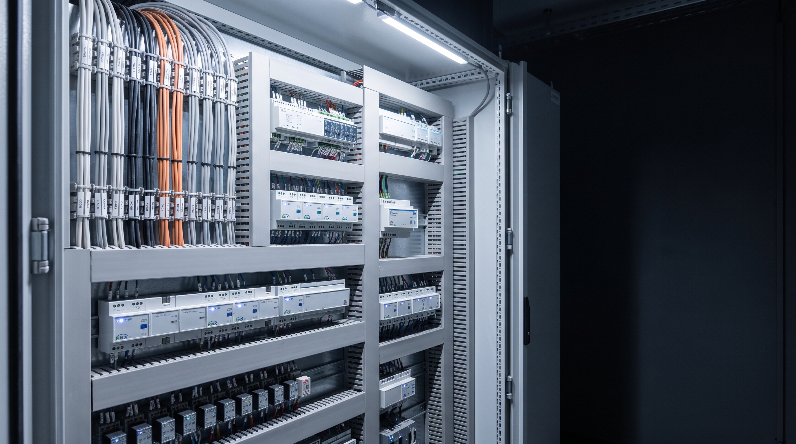 Szafa sterownicza KNX w serwerowni biurowca z uporządkowanym, opisanym okablowaniem i modułami sygnalizującymi status diodami LED, oświetlona neutralnym światłem technicznym.