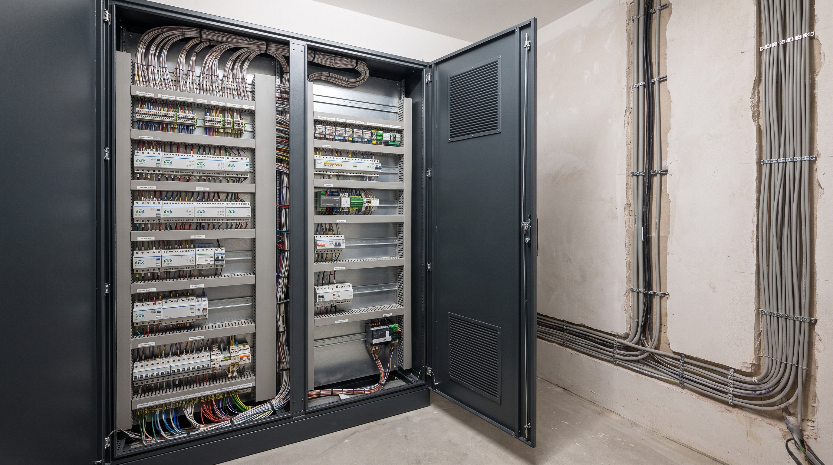 Otwarta szafa sterownicza KNX z uporządkowanym, oznaczonym okablowaniem w pomieszczeniu technicznym rezydencji, obok surowa ściana z przewodami elektrycznymi przed wykończeniem.