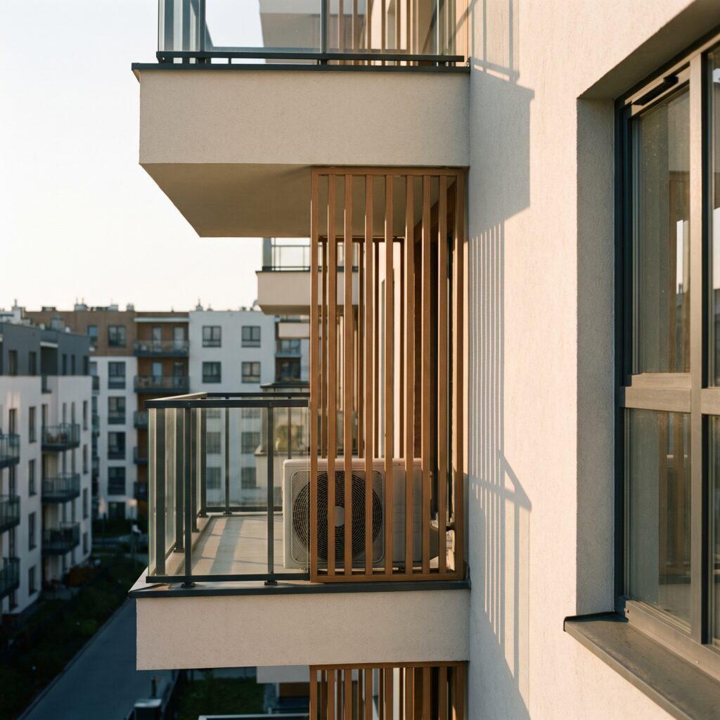 Balkon nowoczesnego apartamentowca z jednostką klimatyzacji zamontowaną w wyznaczonym miejscu na elewacji, jasny tynk i profile w kolorze antracytu, popołudniowe światło.
