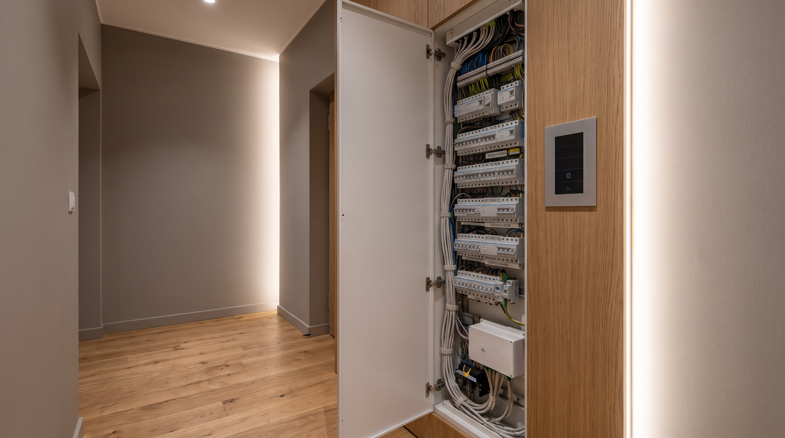 Otwarta domowa rozdzielnica elektryczna z uporządkowanym okablowaniem obok panelu sterowania przy drzwiach wejściowych do apartamentu, dębowa podłoga i ściany w ciepłej szarości.