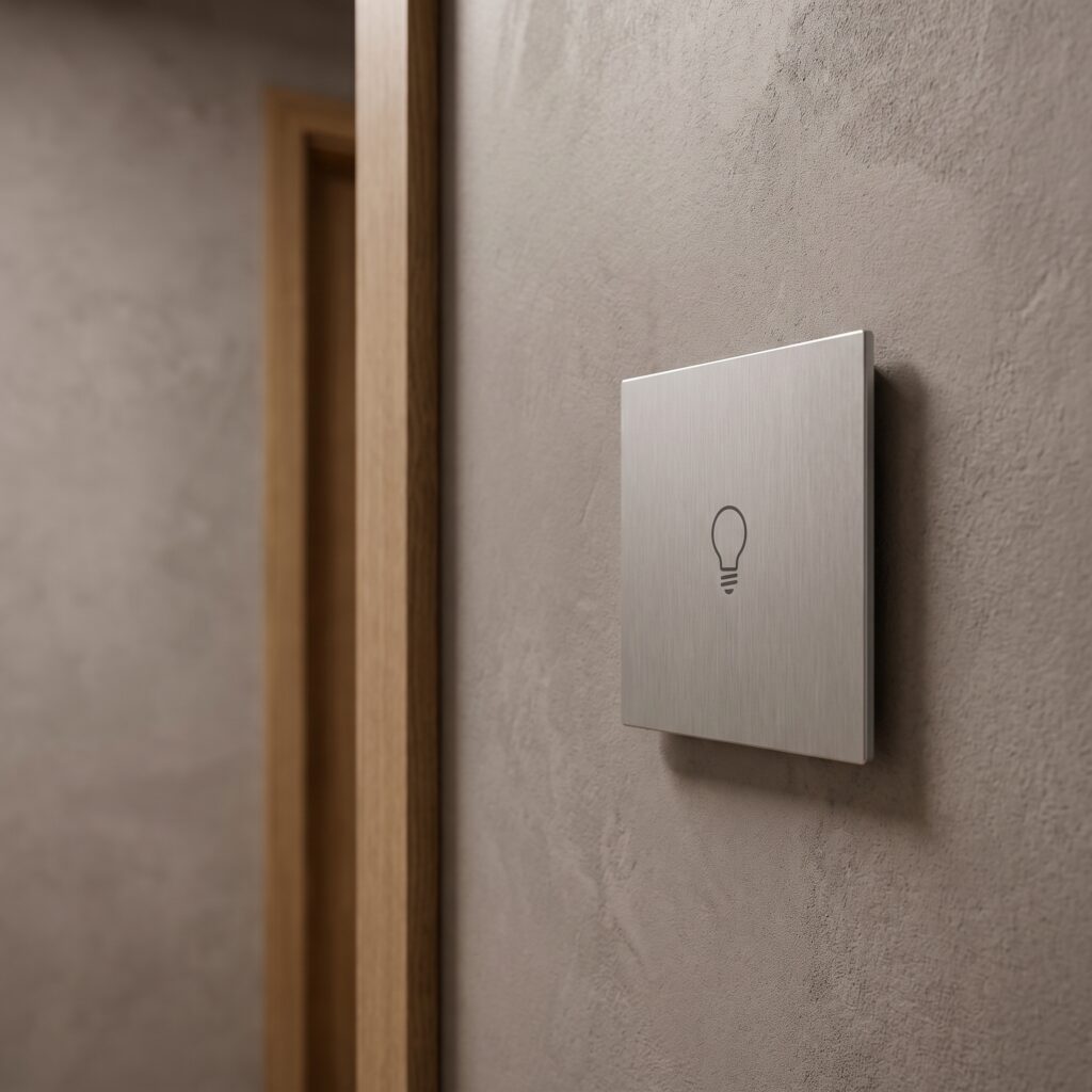 Zbliżenie na płaski panel dotykowy KNX w aluminiowej ramce na ścianie w odcieniu szarości, z rozmytym tłem korytarza w rezydencji, oświetlony bocznym miękkim światłem.