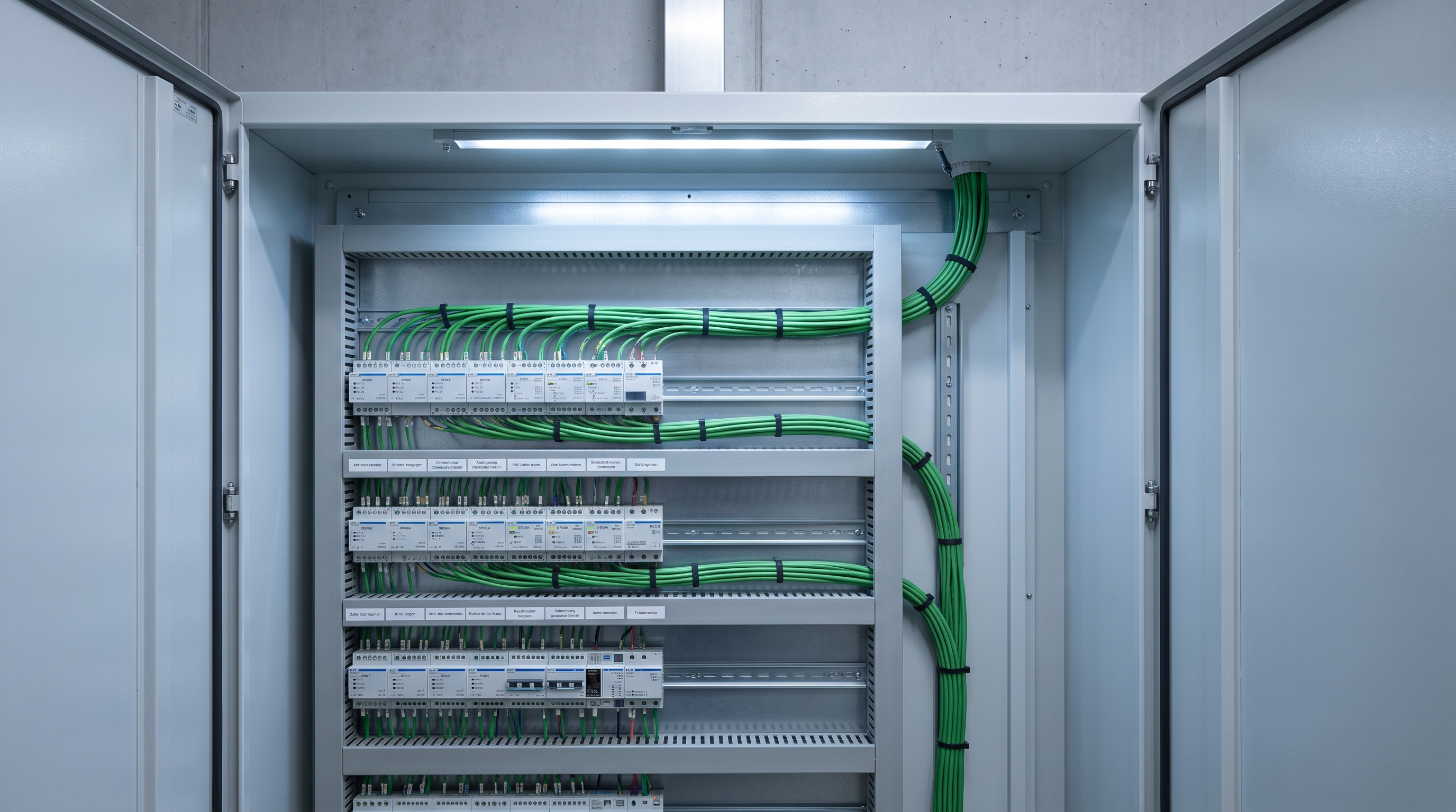 Otwarta szafa sterownicza KNX w rezydencji z uporządkowanym okablowaniem, modułami na szynie DIN i oznaczeniami, oświetlona równomiernym, punktowym światłem technicznym.