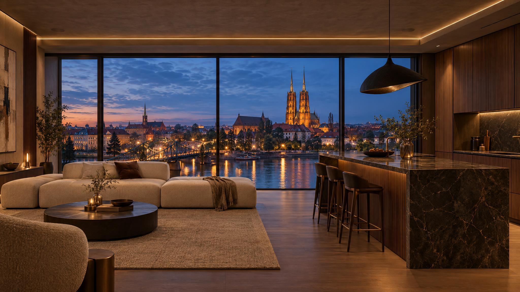 Salon z kuchnią w apartamencie o zmierzchu, przeszklenie od podłogi do sufitu z widokiem na podświetlony Most Tumski we Wrocławiu, wyspa z ciemnego marmuru i ukryte głośniki w suficie.