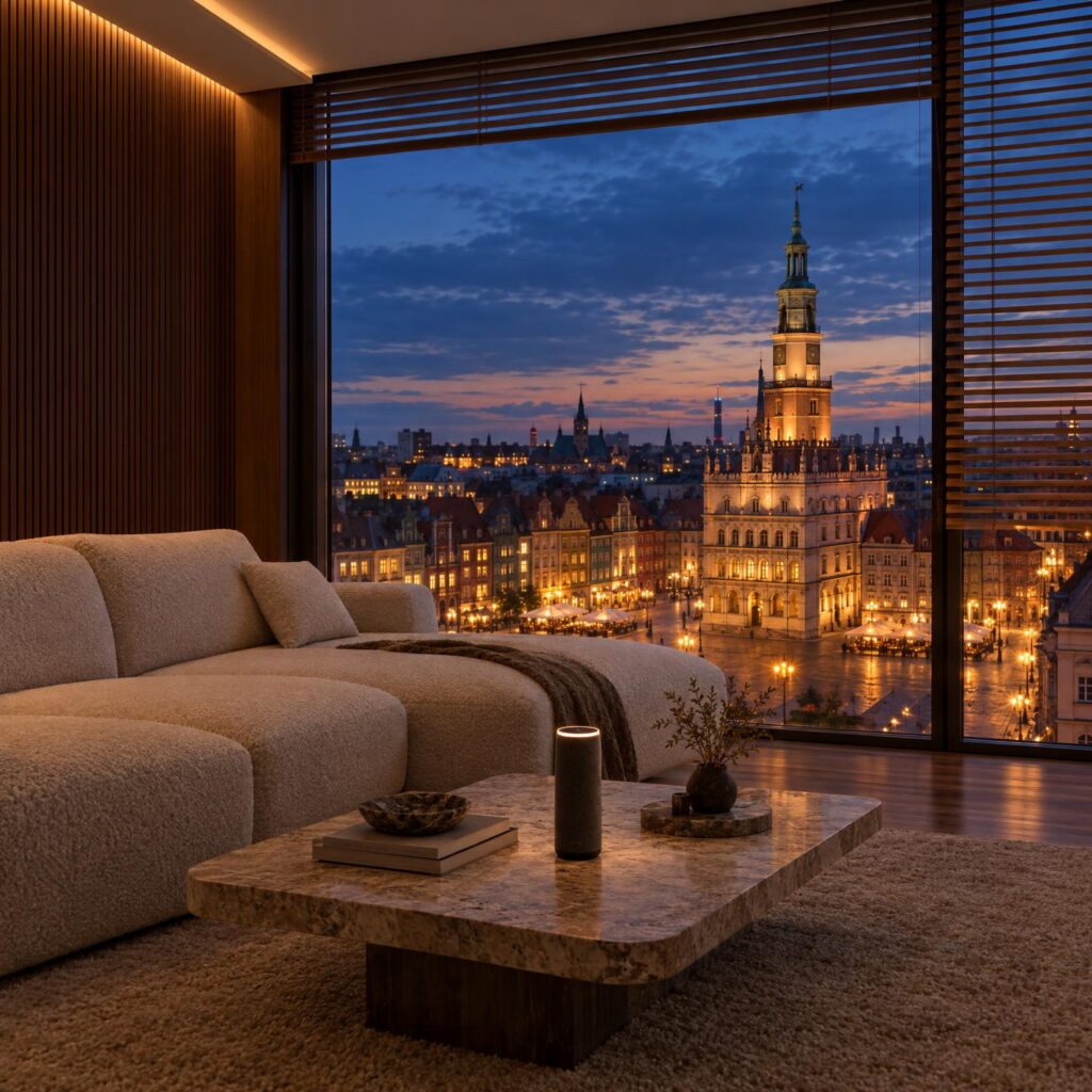 Salon apartamentu w Poznaniu wieczorem, kremowa sofa i ściana z ryflowanego orzecha, na stoliku smukły głośnik głosowy, za oknem podświetlony Stary Rynek z ratuszem.