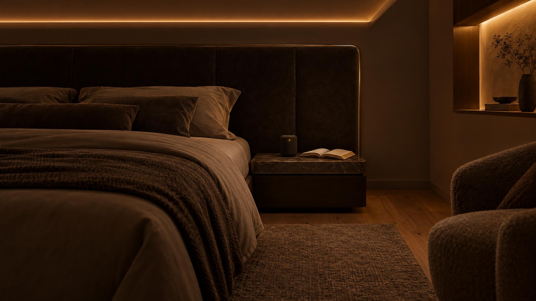 Sypialnia apartamentu nocą bez okna na pierwszym planie, przyciemnione światło LED w gzymsie sufitu, na nocnym stoliku mały głośnik głosowy, ściana w ciemnym drewnie, fotel i książka.