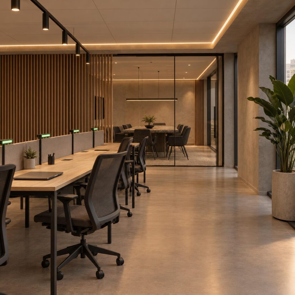 Nowoczesna strefa hot desk w biurze z rzędem biurek oznaczonych diodami dostępności, w tle przeszklona sala konferencyjna z lamelami z drewna i kamiennym stołem.